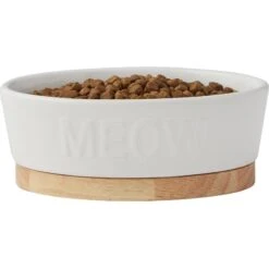 Frisco Oval Meow Non-skid Ceramic Cat Bowl With Wood Base -Pawfect Care 256080 PT3. AC SS1800 V1615312053