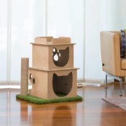 On2Pets Modern Wooden Cat House & Loft, Beige