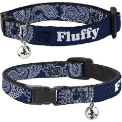 Buckle-Down Personalized Breakaway Cat Collar With Bell, Paisley Blue & White