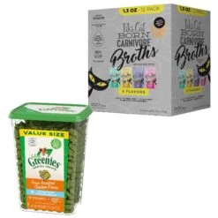 Greenies Feline Oven Roasted Chicken Flavor Adult Dental Cat Treats & Tiki Cat Broths Variety Pack Grain-free Wet Cat Food Topper, 1.3-oz Pouch, Case Of 12