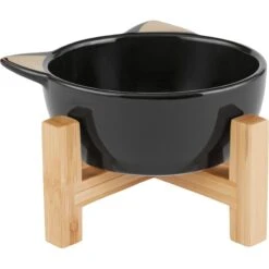 Frisco Cat Face Elevated Bamboo Non-Skid Ceramic Cat Bowl, Black, 1 Cups -Pawfect Care 363383 PT3. AC SS1800 V1657657267