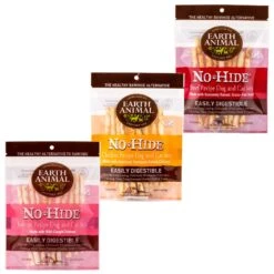 Earth Animal No-Hide Stix Long Lasting Natural Rawhide Alternative Beef Recipe Chew Dog & Cat Treat Sticks + 2 Items