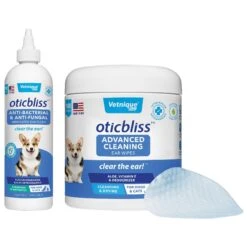 Vetnique Labs Oticbliss Ear Flush Cleaner Anti-Bacterial & Anti-Fungal Medicated Dog & Cat Ear Flush Antiseptic Rinse Cleanser & Vetnique Labs Oticbliss Advanced Cleaning, Soothing Aloe & Medicated Dog & Cat Ear Wipes